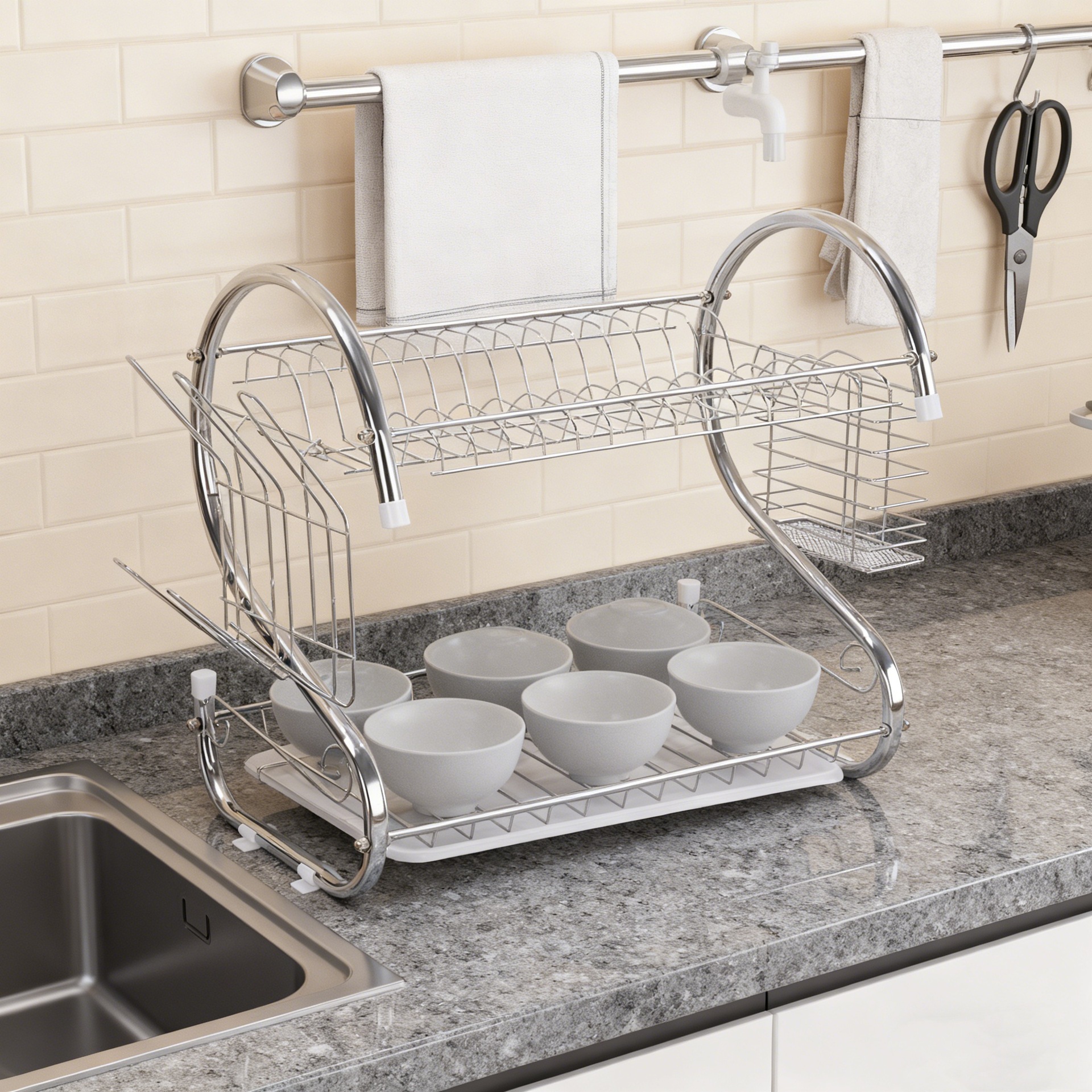 Escurridor de Platos Doble Capa Tipo S de Hierro con Soporte para Cuchillos para Encimera de Cocina image 3
