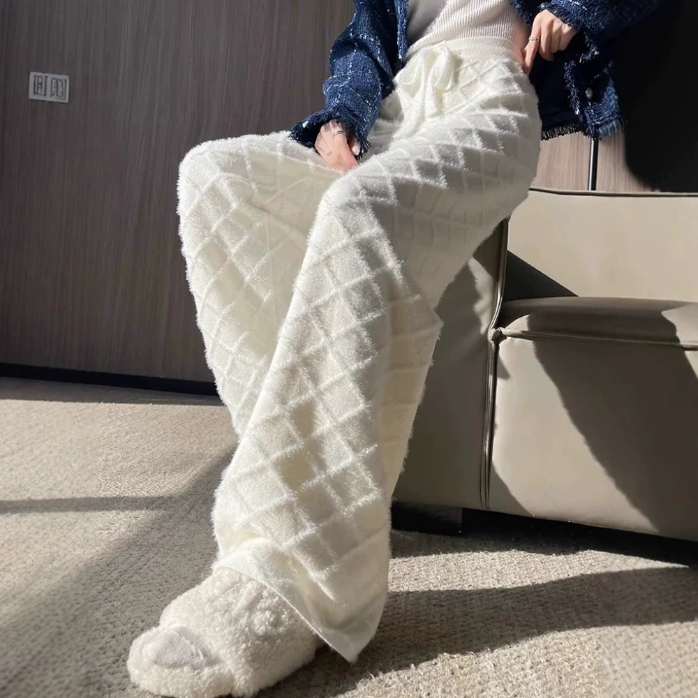 Корейские ромбовидные жаккардовые трикотажные широкие брюки женские осенние и зимние новые имитационные норковые бархатные мягкие и толстые повседневные прямые брюки