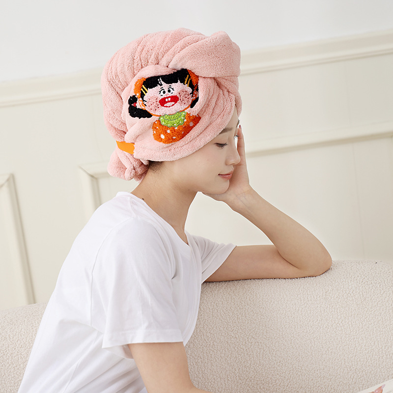 女性用のかわいい刺繍入りヘアドライキャップ、吸水性、速乾性、ヘアドライタオル、厚みのあるコーラルベルベットの漫画ターバン、シャワーキャップ|undefined