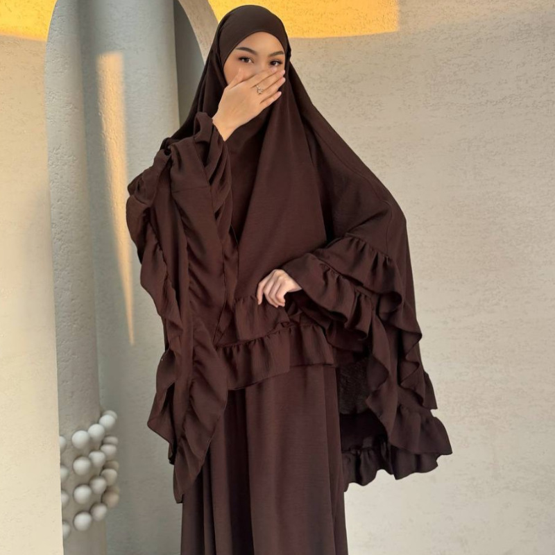 Middle Eastern Two-piece Outfit, Double-layered Ruffled Long Headscarf + Multi-colored Long-sleeved Robe DS111_ecoleips.com