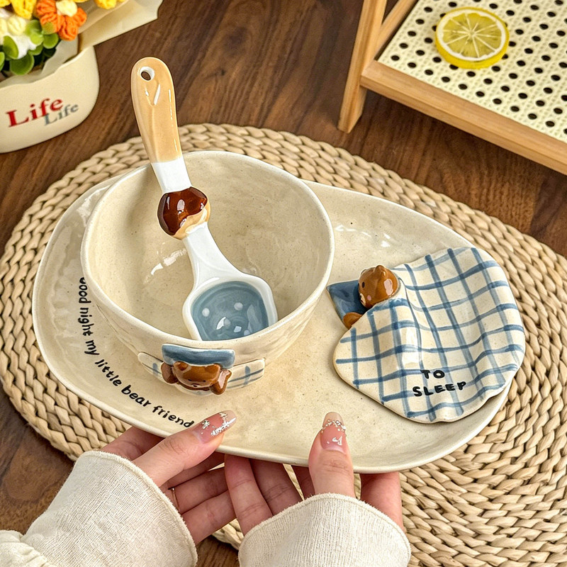 Sleeping Bear Tableware Set: Household Bowls, Dessert Cookies, High-Value Rice Bowls, Spoons, Plates, Ceramic Dinner Plates, Cups Sleeping Bear Tableware Set: Household Bowls, Dessert Cookies, High-Value Rice Bowls, Spoons, Plates, Ceramic Dinner Plates, Cups