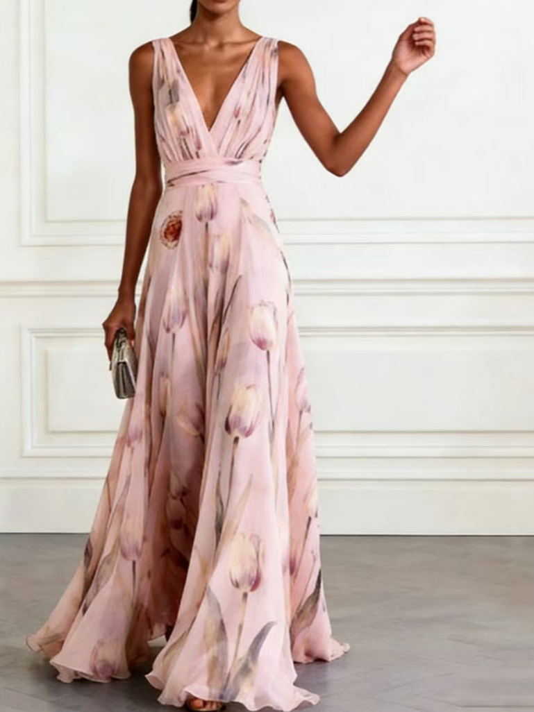 Robe transfrontalière européenne et américaine, imprimé tulipe bleue, style banquet, sans manches, col en v, nouvelle collection été 2026