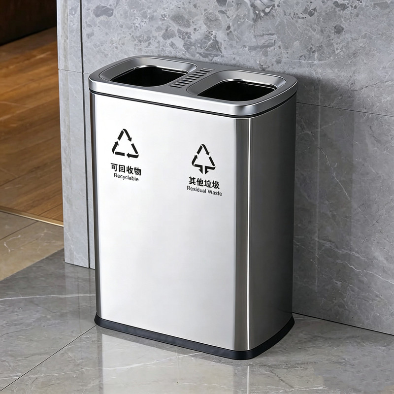 Stainless steel trash bin for commercial use in hotels, indoor malls, classified dual-bin, vertical swing lid, direct-discharge, large capacity Stainless steel trash bin for commercial use in hotels, indoor malls, classified dual-bin, vertical swing lid, direct-discharge, large capacity