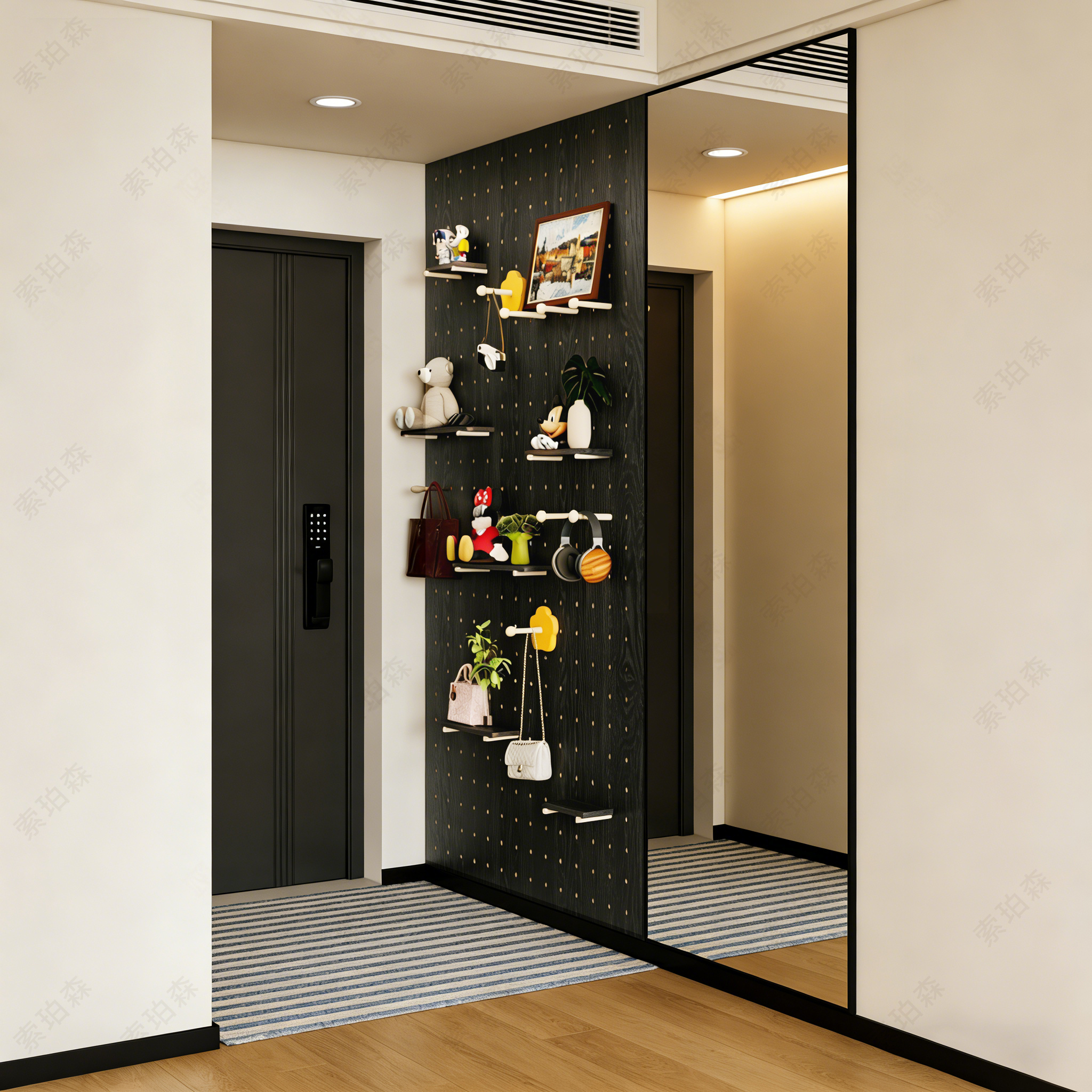 Black Wood Grain Perforated Board Full-Length Mirror Wall-Mounted Dressing Mirror Integrated Entryway Shelf Decorative Wall Hanging