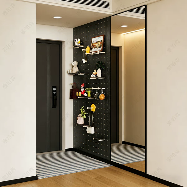 Black Wood Grain Perforated Board Full-Length Mirror Wall-Mounted Dressing Mirror Integrated Entryway Shelf Decorative Wall Hanging
