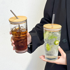 Ins蓋付きストローストライプ水カップグラス大容量水カップアイスコーヒーカップジュース飲料カップ