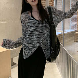 韩系宽松镂空针织衫长袖罩衫女甜美风夏季设计感开叉防晒外穿上衣