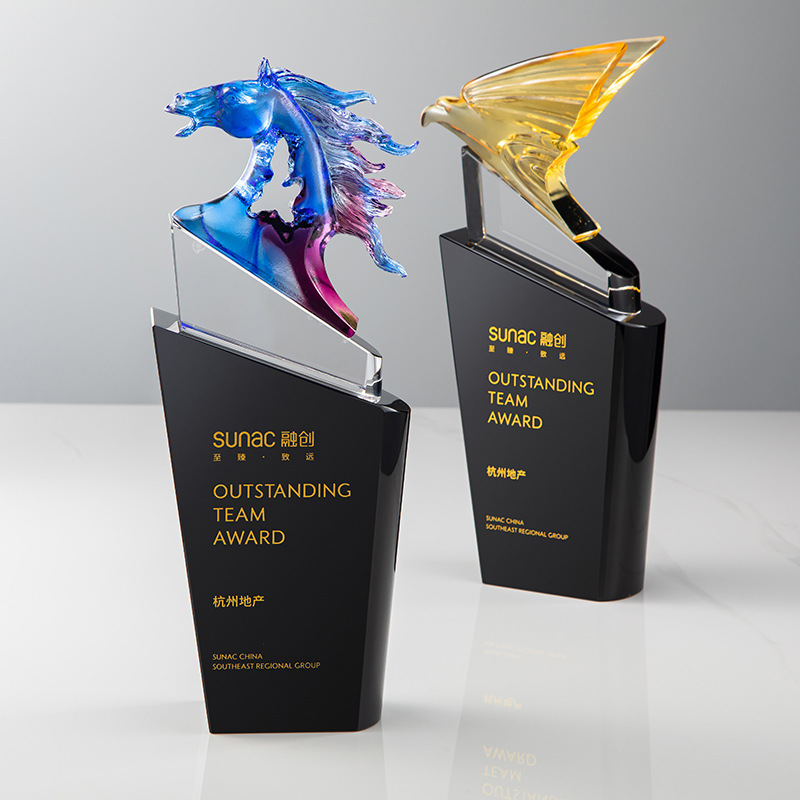 琉璃奖杯创意琉璃工艺品爱心飘带帆船双龙奖杯 水晶琉璃摆件