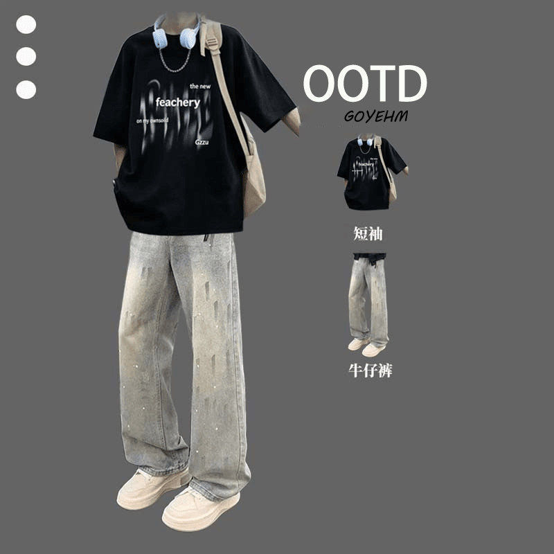 Summer Short-Sleeved T-Shirt Suit for Men and Teenagers, Handsome Loose-Fitting High Street Jeans, Trendy Men's Hip-Hop Outfit, Complete Set Summer Short-Sleeved T-Shirt Suit for Men and Teenagers, Handsome Loose-Fitting High Street Jeans, Trendy Men's Hip-Hop Outfit, Complete Set
