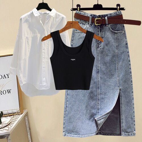 Summer Set Women's 2025 New Stylish Plus Size Shirt Top with Straps and Denim Skirt Three-Piece Set