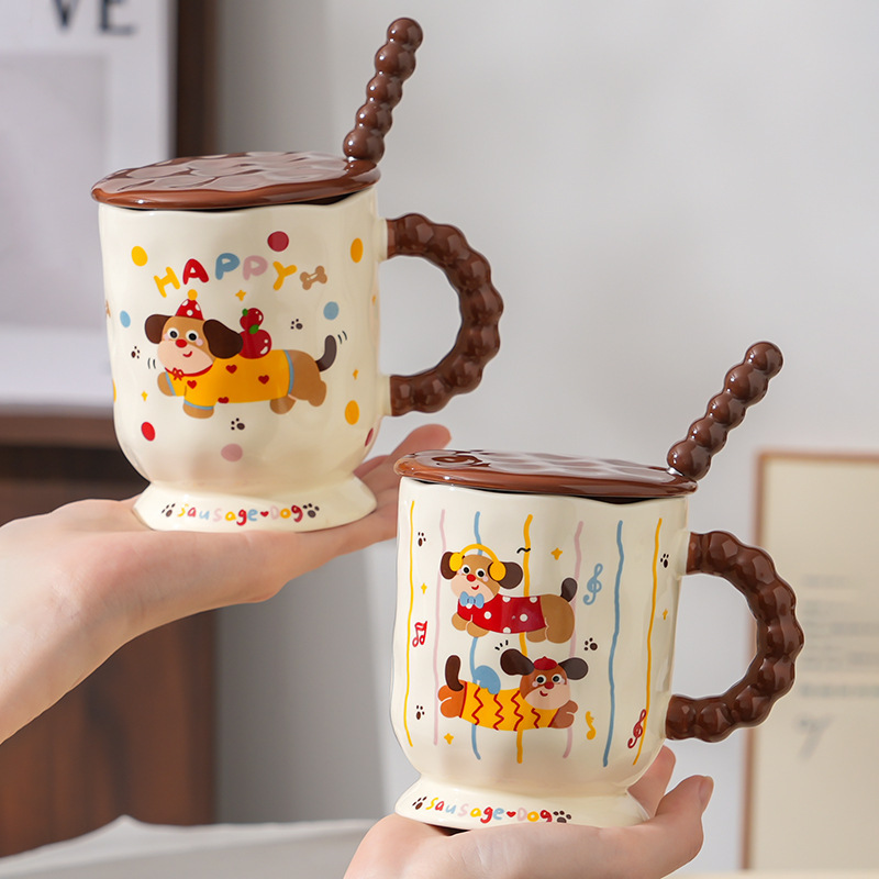 かわいいダックスフントセラミックカップ家庭用飲料マグ蓋スプーンオフィスセラミックミルクカップギフトウォーターカップ|undefined