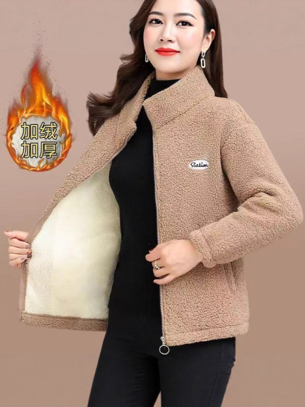 新款冬季加绒加厚棉衣女宽松大码中年妈妈外套休闲颗粒绒保暖上衣|undefined