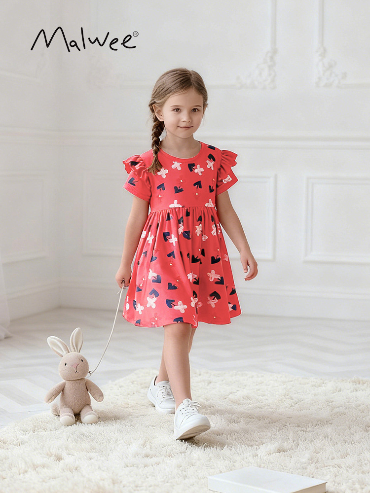Malwee transfronterizo vestido de niña lindo vestido de verano nuevo estilo europeo y americano vestido de cuello redondo de manga corta para niños