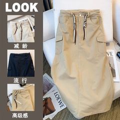 工装半身裙女2025春夏韩版新款大码高腰显瘦口袋百搭开叉中长裙子