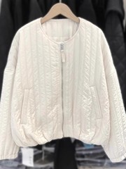 欧货小众圆领坑条棉服女秋冬季2025新款气质宽松保暖夹棉外套