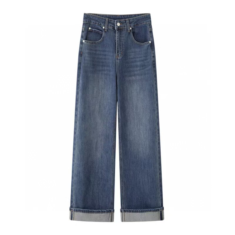 In Stock 2026 Autumn New American Retro Casual Straight Wide-Leg Cuffed Washed Jeans 5g2150531