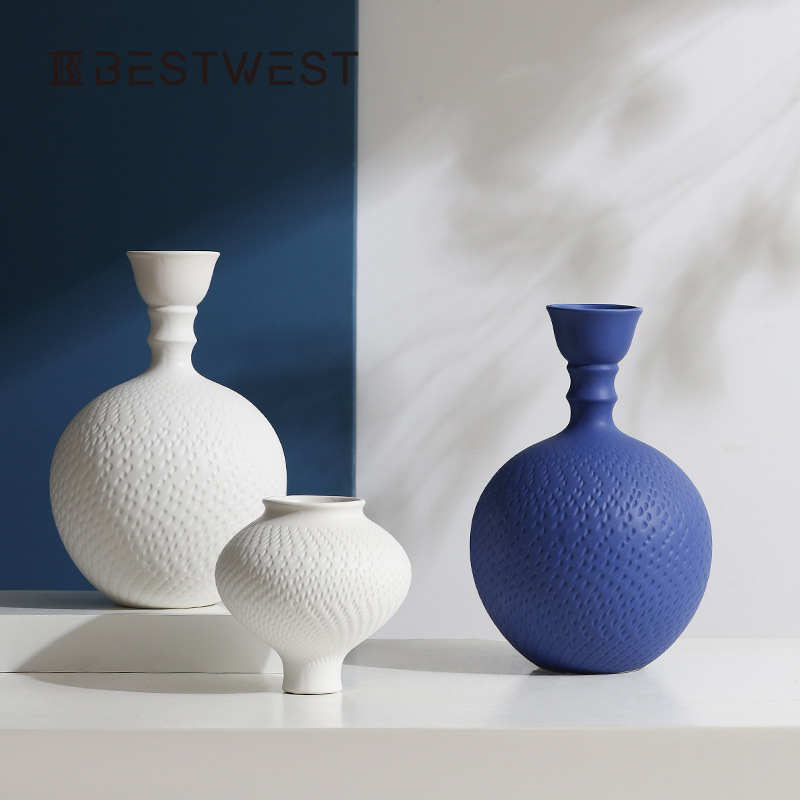 Best West Simple White Klein Blue Ceramic Vase Decoration Home Model Room Decoration Flower Vessel