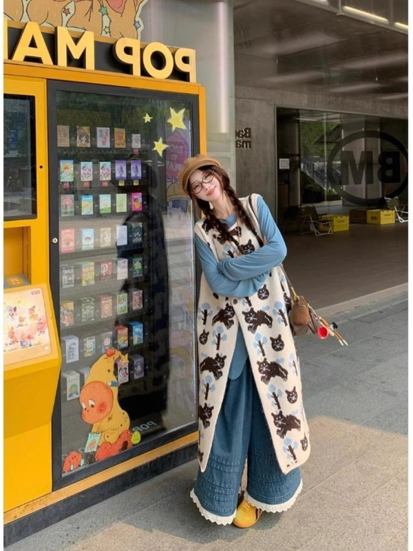 设计感叠穿背心连衣裙打底衫花边阔腿牛仔长裤女2025秋时尚套装|undefined