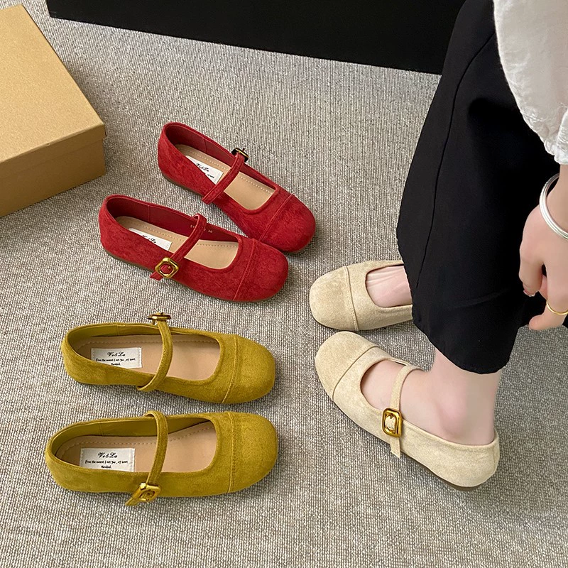Туфли Мэри Джейн, нежные весенне-осенние ретро-фейские балетки на плоской подошве, новые замшевые красные балетки для женщин 2025 года