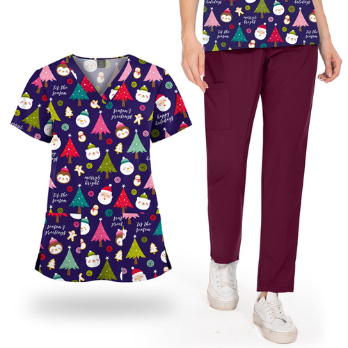 AliExpress Amazon V-neck cartoon printed work clothes, nursing clothes, professional suits, solid color straight pants