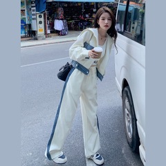 白色牛仔拼接休闲运动套装女春秋2025新款两件套流行减龄学院风