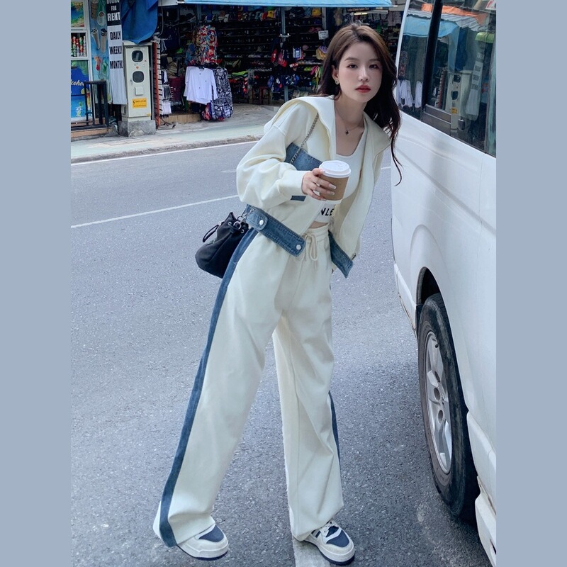 白色牛仔拼接休闲运动套装女春秋2025新款两件套流行减龄学院风|undefined