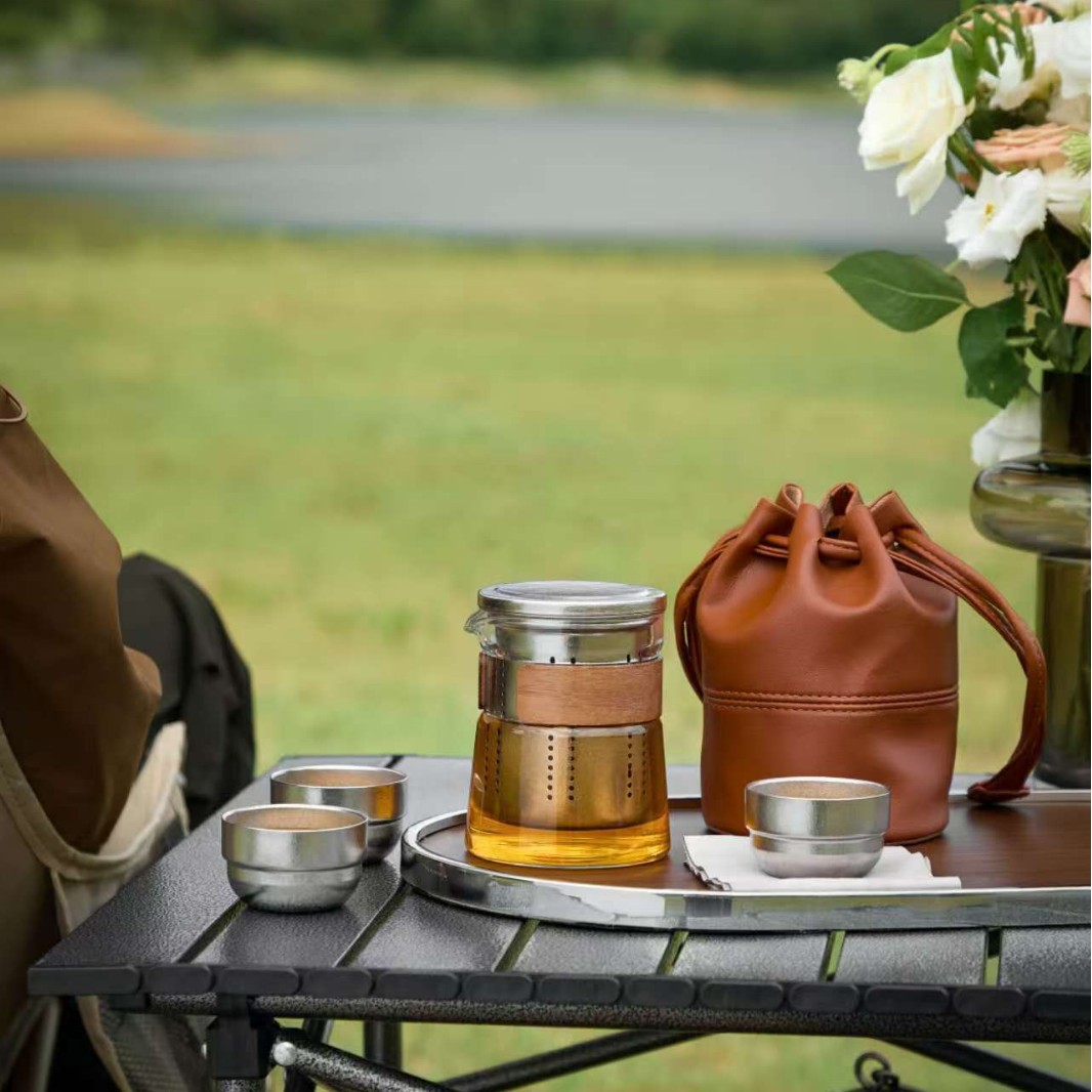 纯钛旅行泡茶器 茶具套装创意潮流户外玻璃一壶三杯便携礼品公道