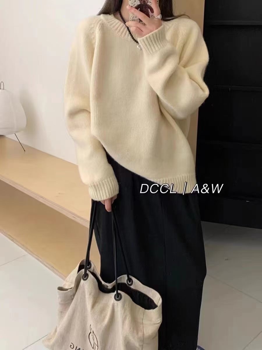 Original High Quality Enlarged and Thickeneded! Autumn and Winter Round Neck Leather Label Candy Color Pullover Sweater for Women Korean Loose Sweater