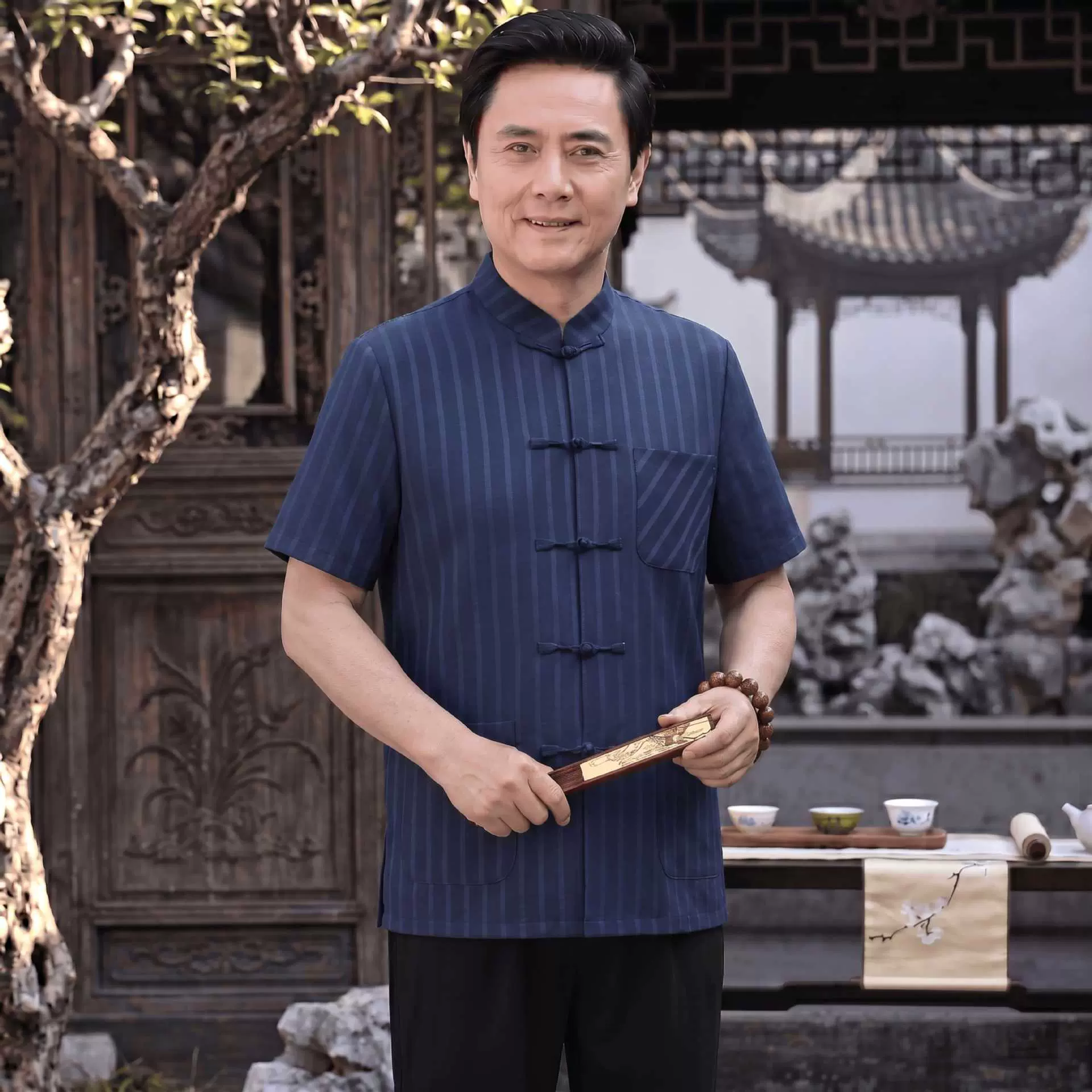 夏季新款中老年爸爸装中国风短袖衬衫男士套装唐装两件套衣服唐装