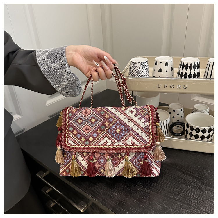 336g Weight Flip Cover Closure Type Single Shoulder Strap Strap Type Shoulder Bag Bags Type Casual, Holiday Occasion Cloth Material Geometric Pattern All Seasons Season Women's Gender Elegant, Ethnic Style Style Square Shape Women's Cloth Geometric Elegant Ethnic Style Square Flip Cover Shoulder Bag 8