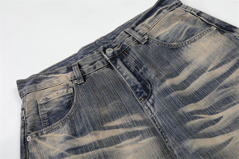 Men's Retro Blue Washed Whiskered Wide Leg Scimitar Jeans Casual Loose Fit American High Street Style Spring New Trousers For Women_mkmklike.com