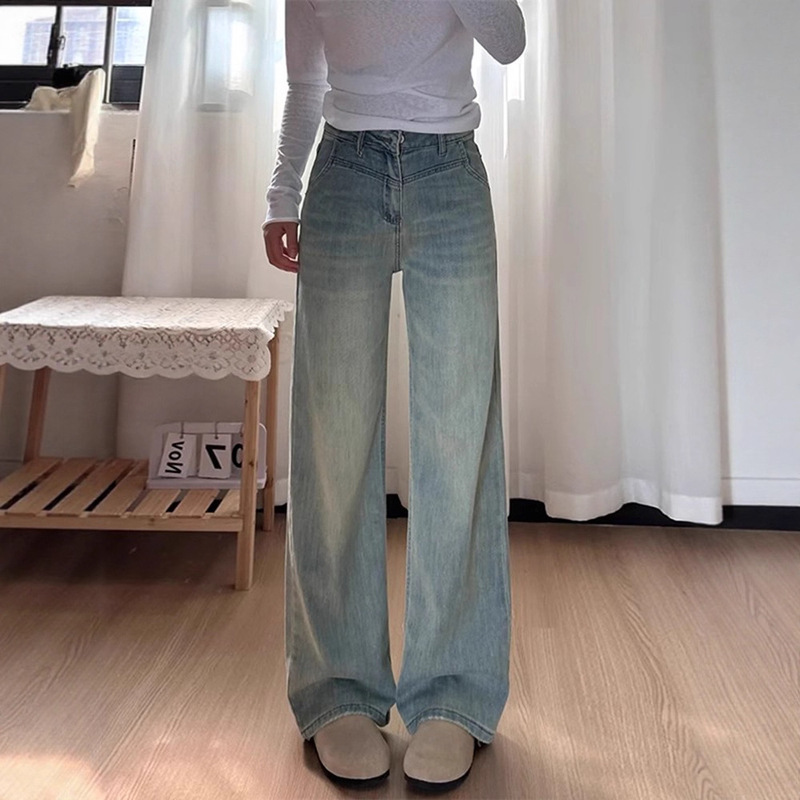 浅色阔腿牛仔裤女2025夏新款梨形身材高个子加长窄版直筒拖地裤薄|undefined