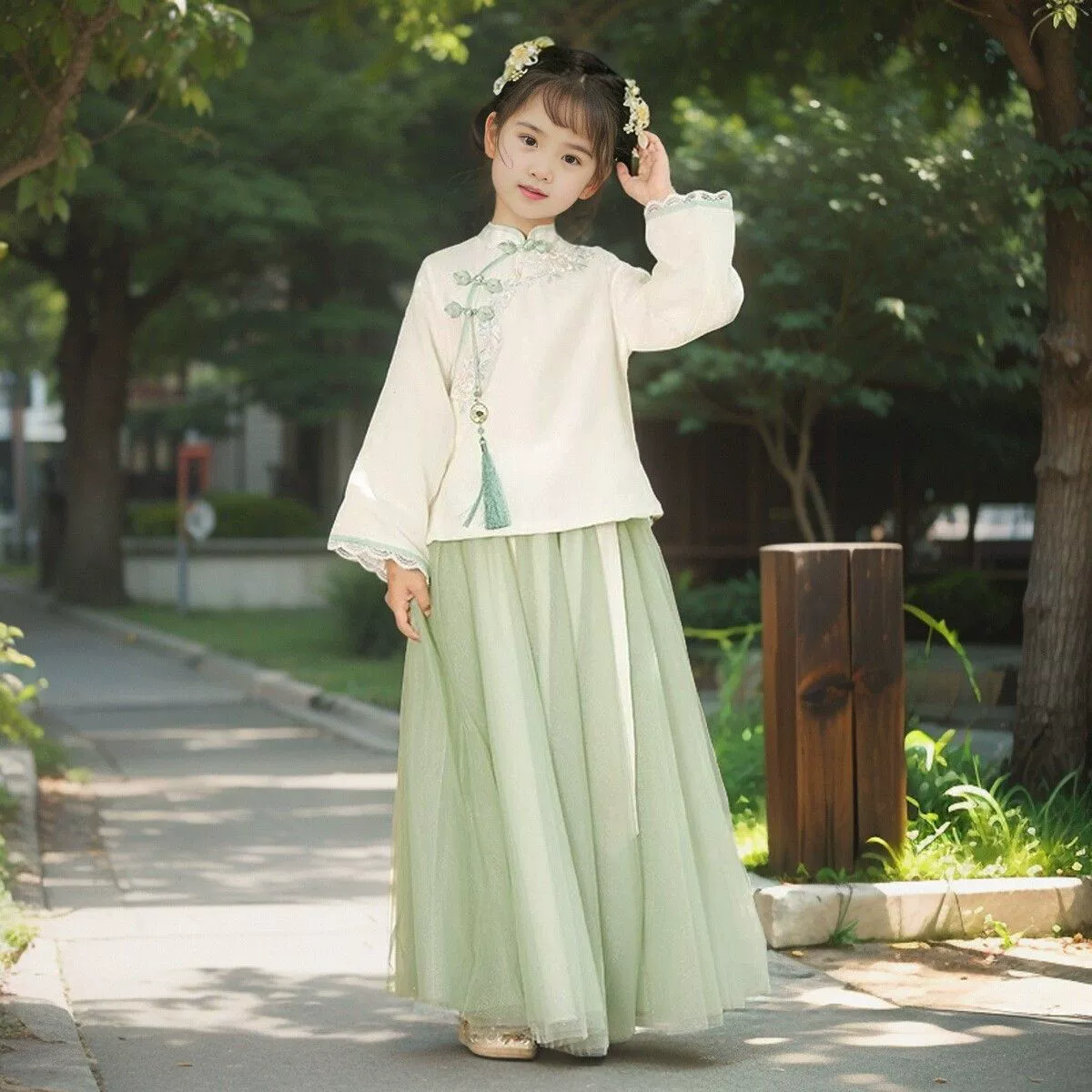 Set, summer skirt, children's Hanfu, with embroidery, Chinese style