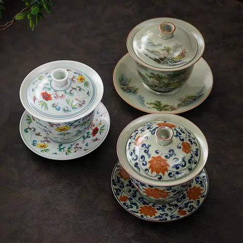 Wholesale Blue and White Cover Porcelain Tea Cups High-end Retro Tea Set Large Single Three Talents Tea Bowl New