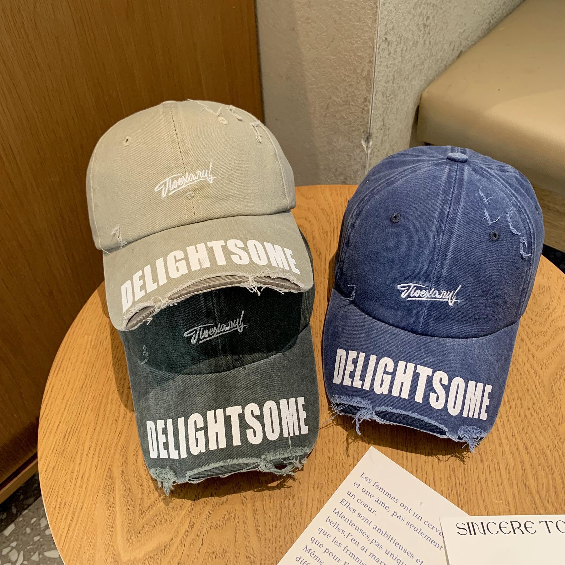 Retro estilo americano viejo lavado agujero sombrero de béisbol mujer primavera y otoño letras versátiles muestran cara gorra de lengua de pato hombre moda