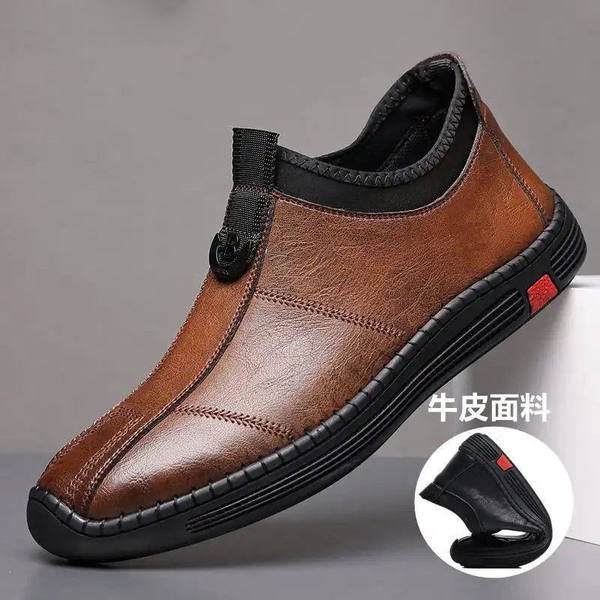 Bốt nam cổ trung lót lông giữ ấm chống trượt, giày da lười đế bằng — giày nâu, giày đen, Lông cừu đen, Màu nâu cộng với nhung