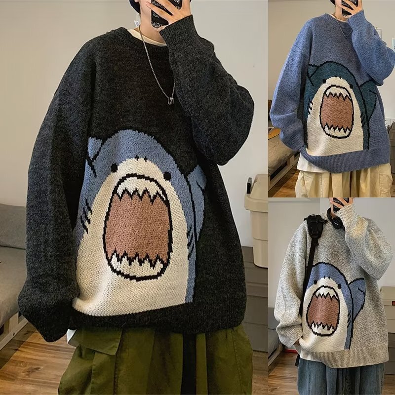 Cartoon sweater couple wear trendy ins Hong Kong style cute shark sweater men's spring and autumn Korean style loose sweater