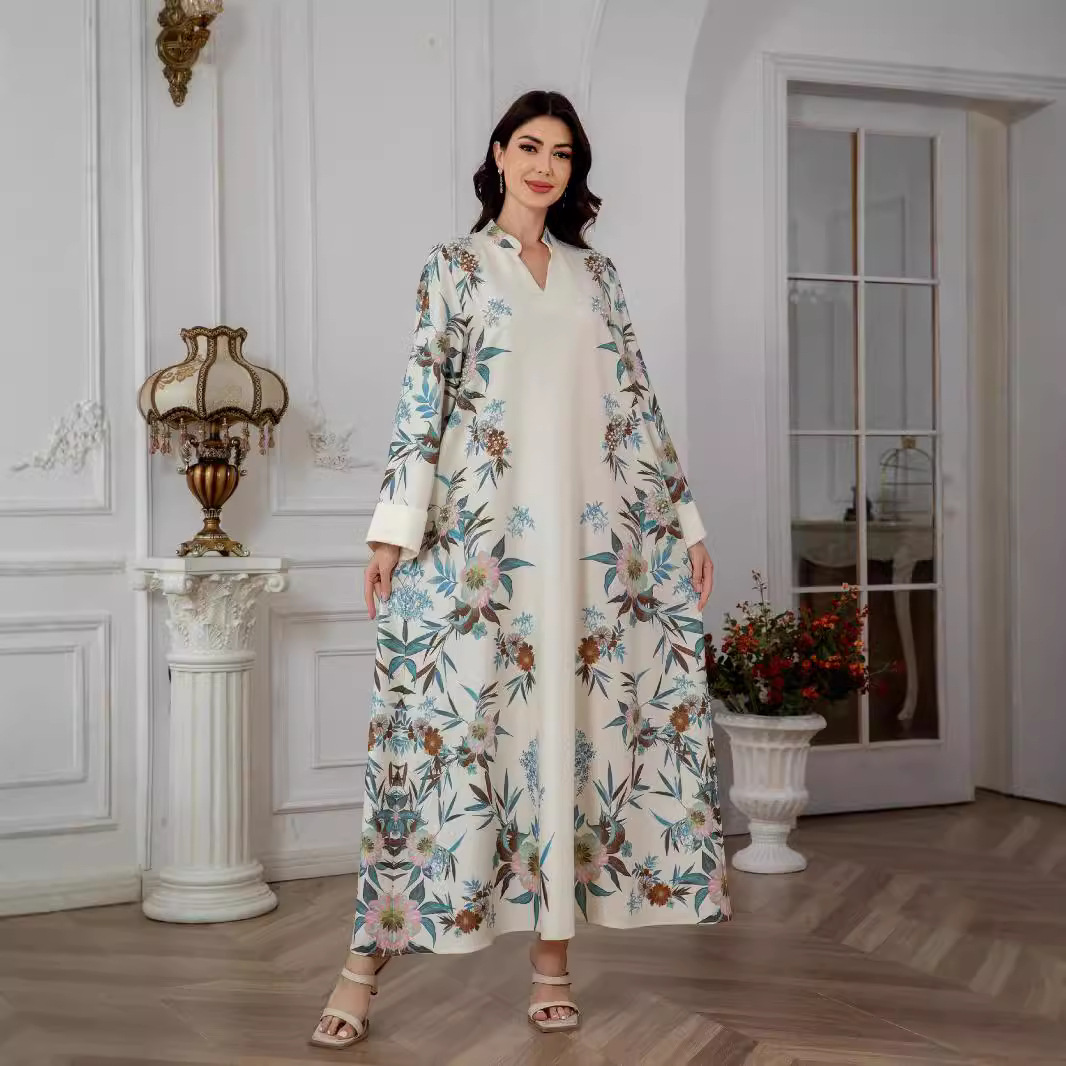 SW0803 Middle East Cross-Border Muslim Women's Robe Dubai Printed Long Dress Elegant And Stylish_ecoleips.com