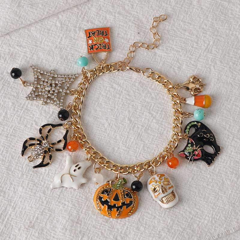 Halloween Charm Bracelet With Spider Pumpkin Skull And Diamonds_voghion.com