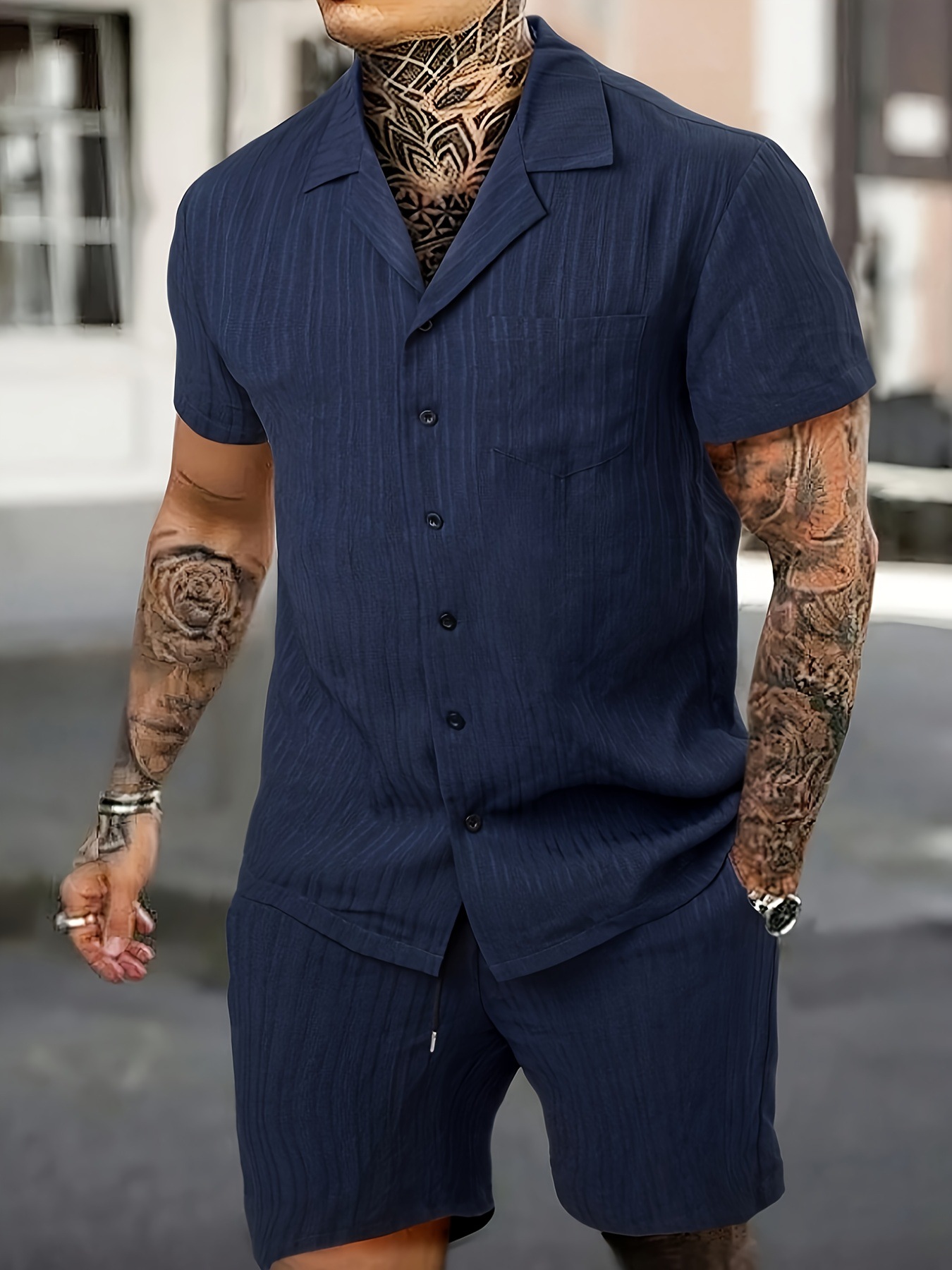 Lässiges Herren Hemd Und Shorts Set Mit Rüschentaschen_voghion.com