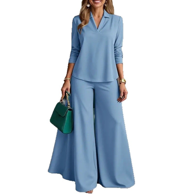 2026 Fashionable Women's Two-Piece Pants Set: Simple V-Neck Long Sleeve Top and Wide-Leg Pants - Women's Business Wear 5