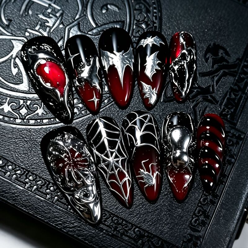 30 pieces of cross-border Halloween Y2K exquisite 3D spider gold-plated press-on nails, almond-shaped bat nail art pieces wholesale 30 pieces of cross-border Halloween Y2K exquisite 3D spider gold-plated press-on nails, almond-shaped bat nail art pieces wholesale