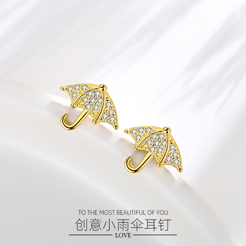 Creativo pequeño paraguas aretes niñas plata esterlina s925 estilo coreano diseño sentido japonés y estilo coreano completo diamante mini pendientes
