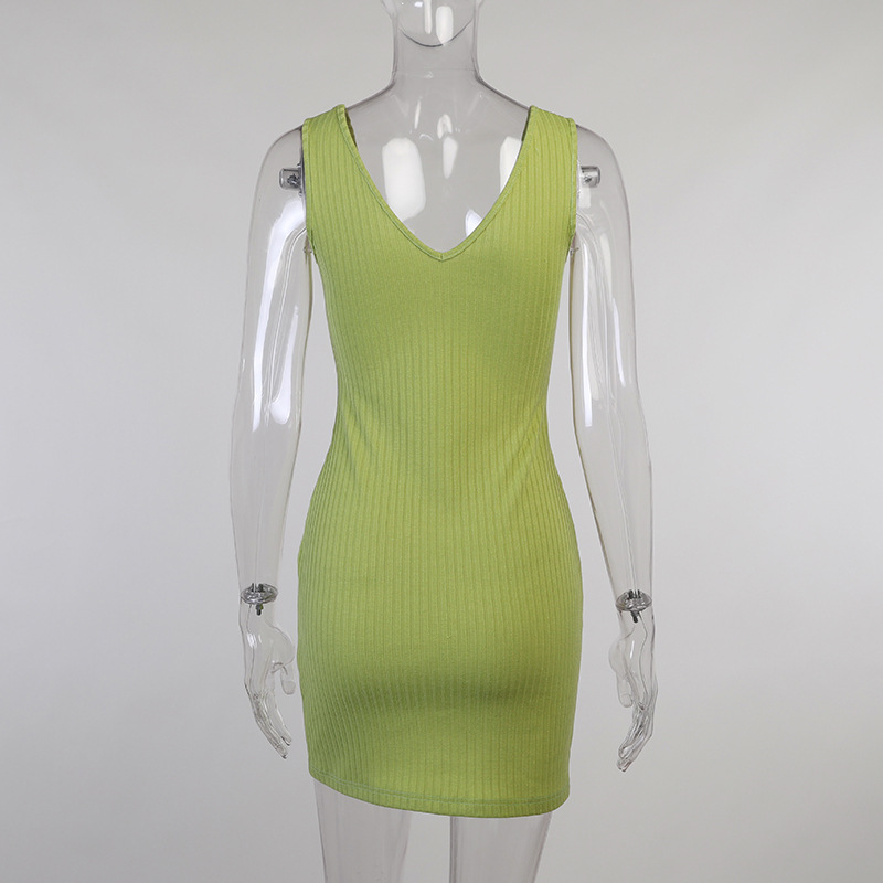 Slim Fit V-collar Irregular Hem Solid Color Ribbed Knitted Bodycon Tank Dress