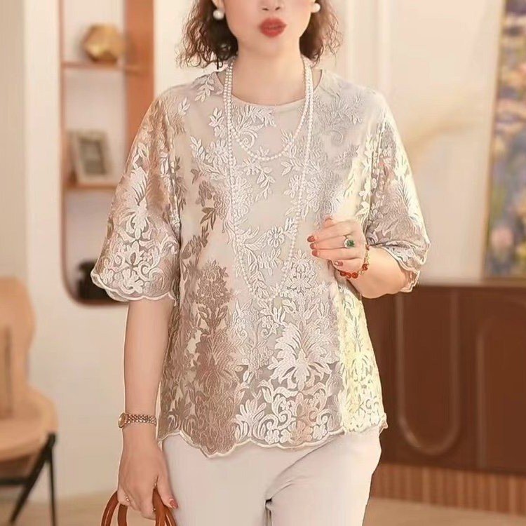 Mother's Day Middle-aged Mother's Summer 2024 New Ice Silk Short-sleeved T-shirt Women's Western Style Middle-aged and Elderly Mother's Top