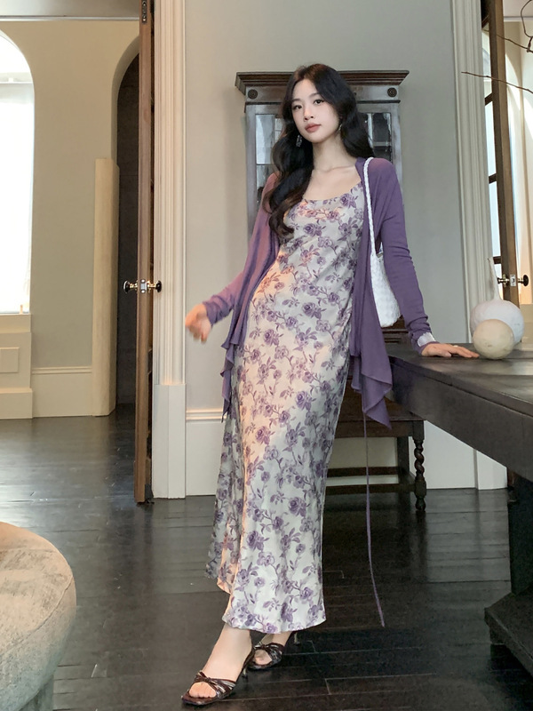 【落日缎影】SYT自制  法式缎面印花吊带连衣裙女秋新款收腰长裙|undefined