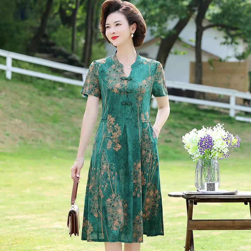 Летнее платье для мамы в западном стиле, летняя длинная юбка, женская одежда среднего и пожилого возраста длиной до колена, элегантная юбка большого размера, закрывающая живот.