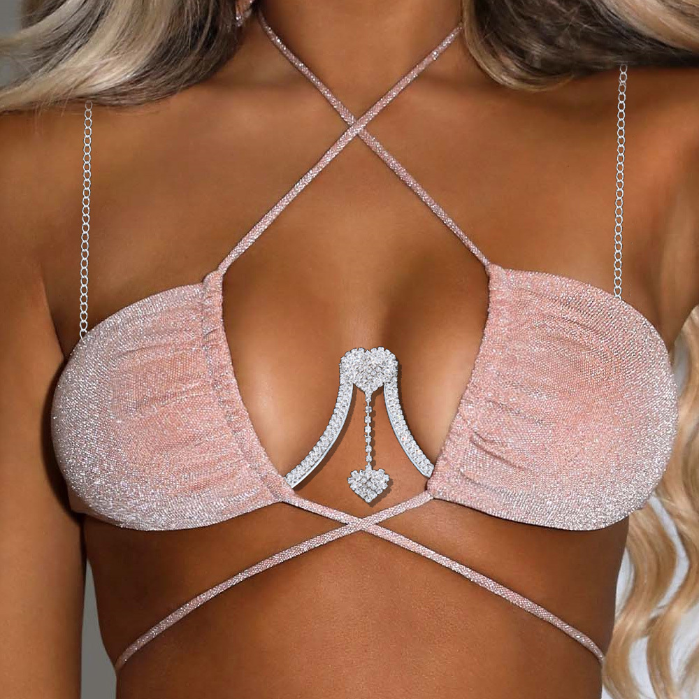 Venta caliente de Europa y América accesorios del cuerpo doble corazón rhinestone colgante soporte de pecho de las mujeres de moda cadena de la joyería de la cadena del cuerpo 05 image 1