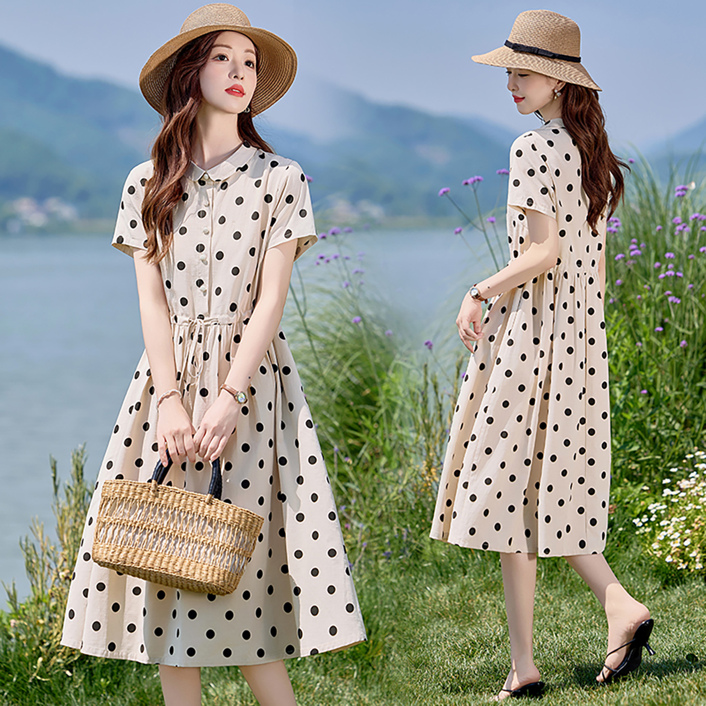 Đầm maxi nữ chấm bi in họa tiết eo thon dáng midi thời trang NI502 — màu be, màu xanh