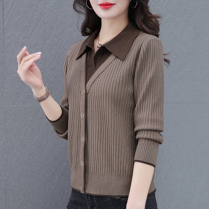 时尚翻领假两件衬衫针织衫女2025大码时尚气质中年女装长袖宽松洋